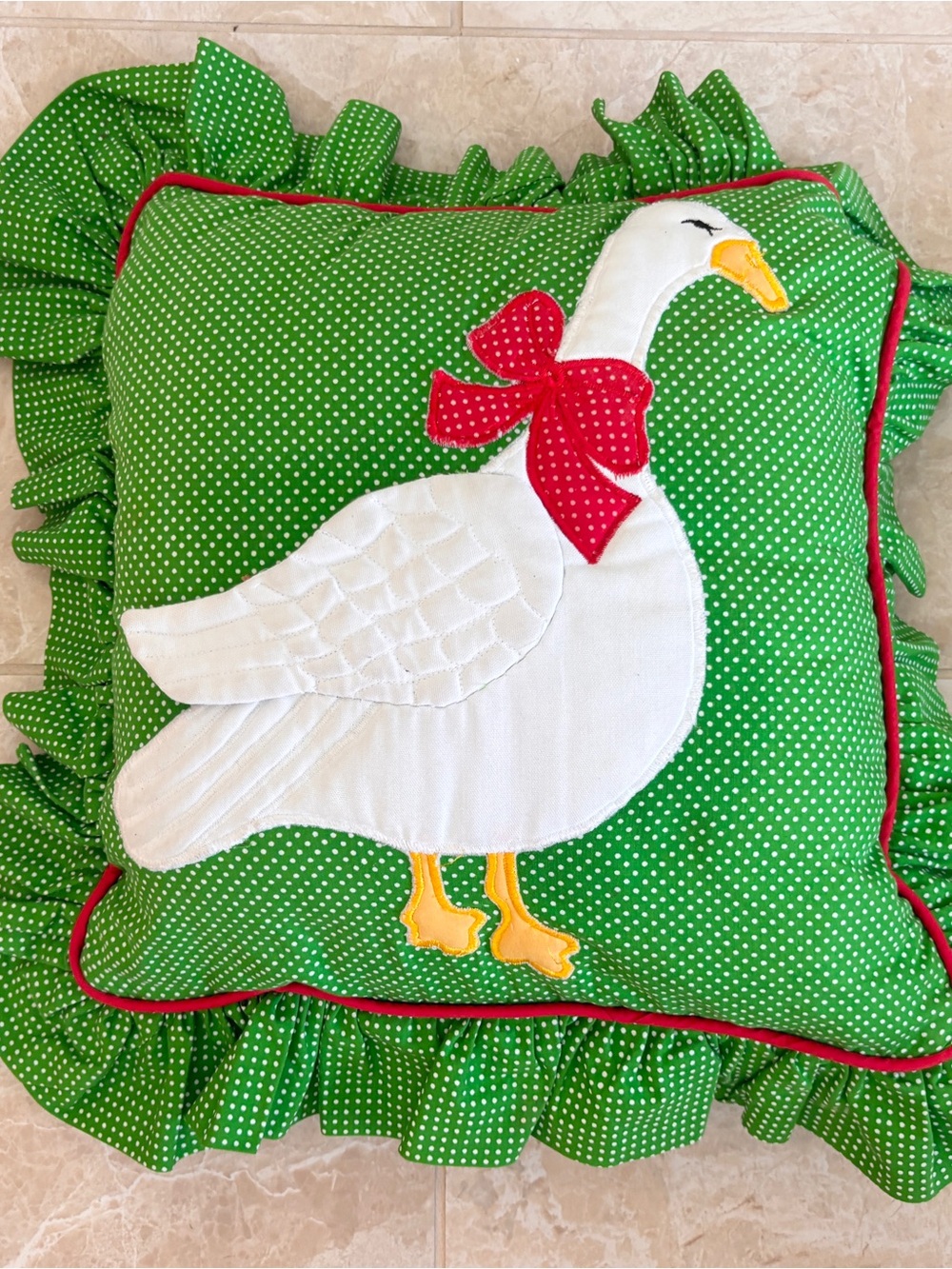 Set of Two Vintage Handmade Quilted Goose Pillows Green and White Polka Dot - Picture 3 of 16